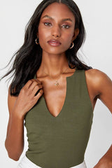 Trendy Endeavor Olive Green Ribbed Notched Tank Top