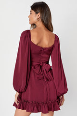 Vision of Charm Plum Purple Satin Long Sleeve Skater Mini Dress