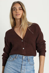 Toasty Babe Chocolate Brown Knit Button-Up Cropped Cardigan