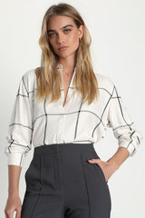 Curated Aura White and Black Grid Print Button-Up Top