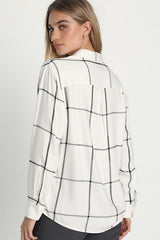 Curated Aura White and Black Grid Print Button-Up Top