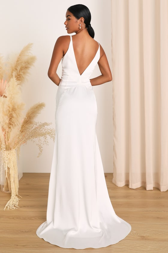 Polished Perfection White Satin Sleeveless Mermaid Maxi Dress