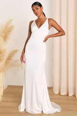 Polished Perfection White Satin Sleeveless Mermaid Maxi Dress