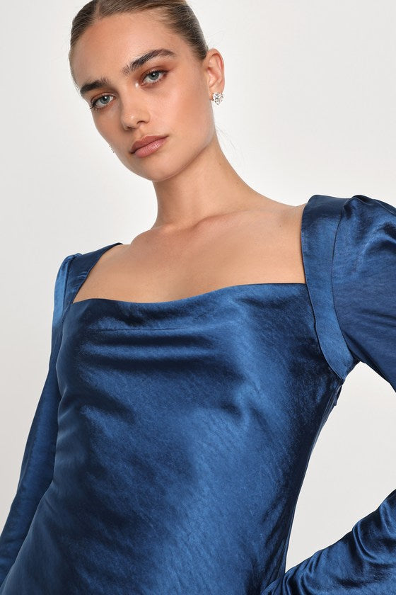 Adoring Charm Dark Blue Satin Long Sleeve Backless Mini Dress