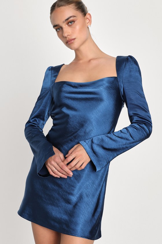 Adoring Charm Dark Blue Satin Long Sleeve Backless Mini Dress