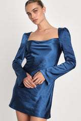 Adoring Charm Dark Blue Satin Long Sleeve Backless Mini Dress