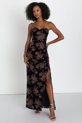 Exquisite Navy Blue Floral Burnout Velvet Strapless Maxi Dress