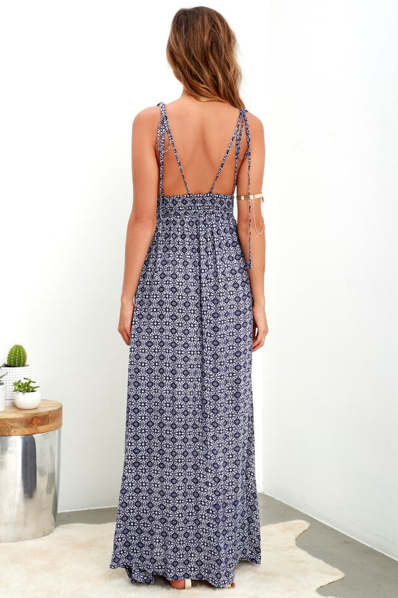 Field Day Navy Blue Print Tie-Strap Maxi Dress