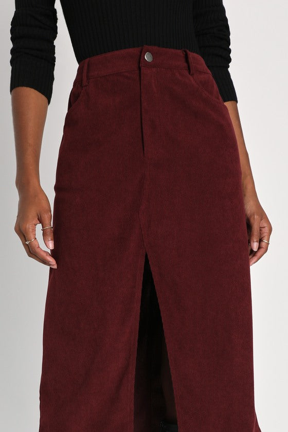 Refreshing Romance Burgundy Corduroy Midi Skirt
