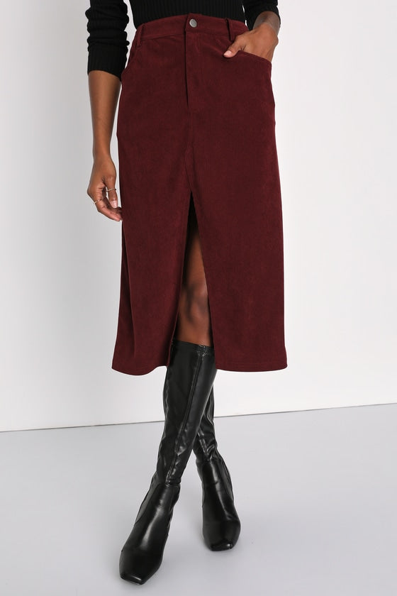 Refreshing Romance Burgundy Corduroy Midi Skirt