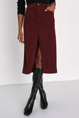 Refreshing Romance Burgundy Corduroy Midi Skirt