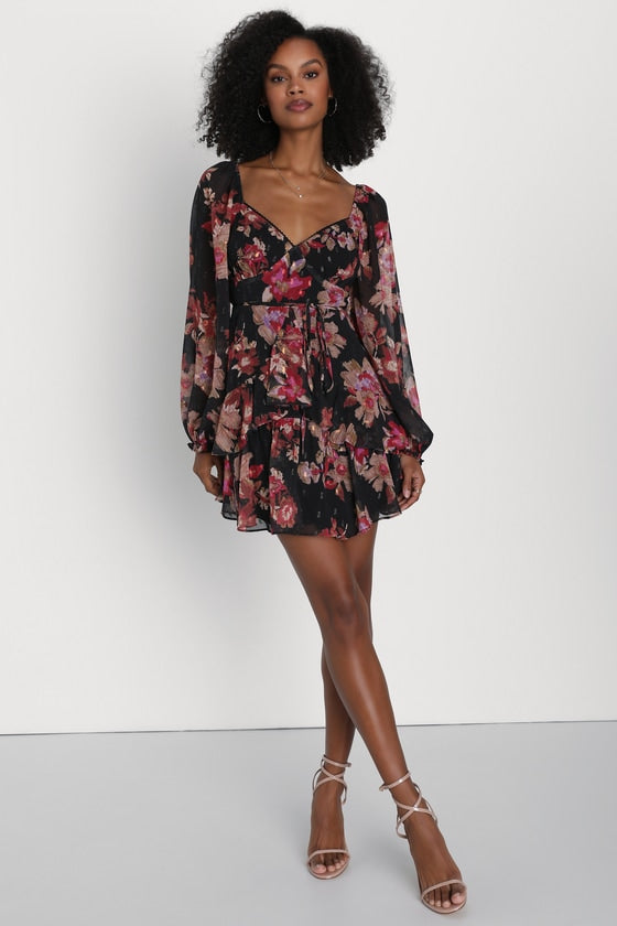 Dramatically Dreamy Black Floral Chiffon Tiered Lurex Mini Dress
