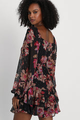 Dramatically Dreamy Black Floral Chiffon Tiered Lurex Mini Dress