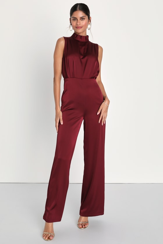 Classic Elegance Wine Red Satin Sleeveless Mock Neck Jumpsuit