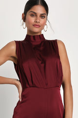 Classic Elegance Wine Red Satin Sleeveless Mock Neck Jumpsuit