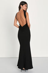 Alluring Temptation Black Backless Ruched Mermaid Maxi Dress