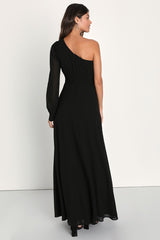 Graceful Elegance Black One-Shoulder Long Sleeve Maxi Dress