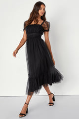 Flawless Aura Black Tulle Puff Sleeve Ruffled Midi Dress