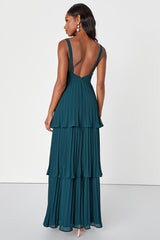 Luxe Perfection Emerald Green Pleated Tiered Backless Maxi Dress