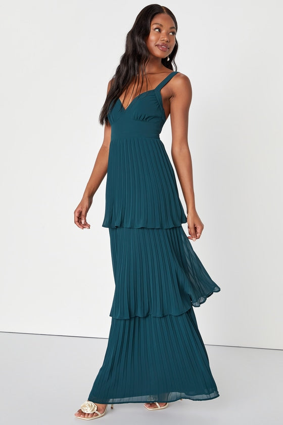 Luxe Perfection Emerald Green Pleated Tiered Backless Maxi Dress