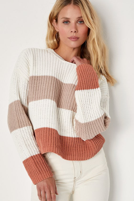 Moments of Cozy Ivory Multi Striped Crew Neck Pullover Sweater