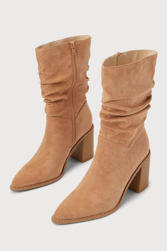 Penelopie Light Nude Suede Pointed-Toe Mid-Calf Boots