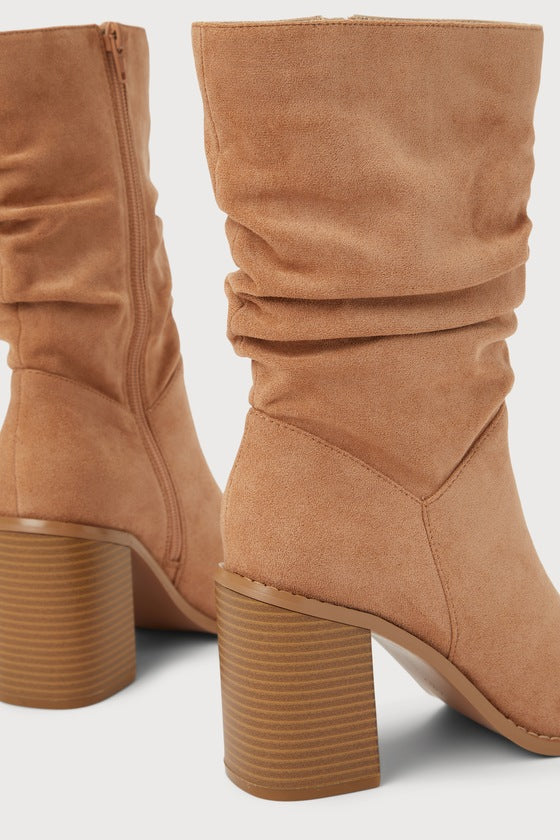 Penelopie Light Nude Suede Pointed-Toe Mid-Calf Boots