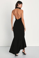 Elegant Grace Black Tiered Halter High-Low Maxi Dress