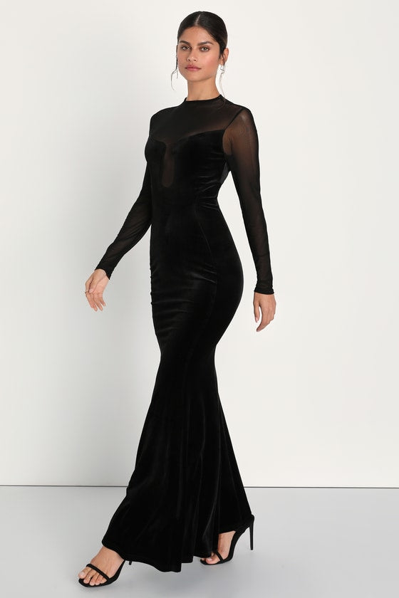 Alluring Fixation Black Velvet Mesh Long Sleeve Maxi Dress