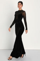Alluring Fixation Black Velvet Mesh Long Sleeve Maxi Dress