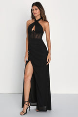 Never-Ending Glamour Black Mesh Cross-Front Halter Maxi Dress