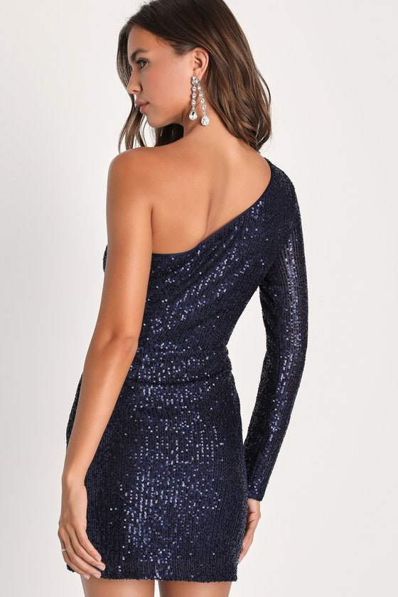 All Time Shine Navy Blue Sequin One-Shoulder Mini Dress