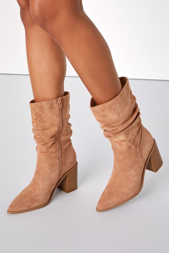 Penelopie Light Nude Suede Pointed-Toe Mid-Calf Boots