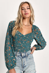 Blooming with Bliss Teal Floral Ruched Long Sleeve Bodysuit