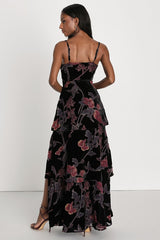 I Love You Amore Black Floral Velvet Tiered Maxi Dress