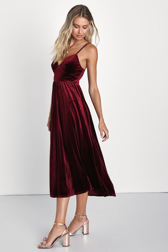 Unreal Charmer Burgundy Velvet Sleeveless Pleated Midi Dress