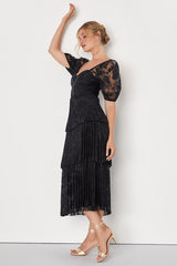 Posh Delight Black Floral Jacquard Pleated Midi Dress