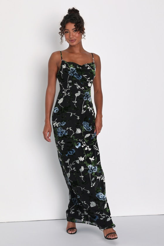 Chic Romantic Black Burnout Velvet Floral Cowl Neck Dress