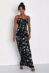 Chic Romantic Black Burnout Velvet Floral Cowl Neck Dress