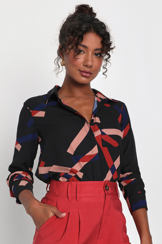 Camrose Black Geometric Print Button-Up Long Sleeve Top