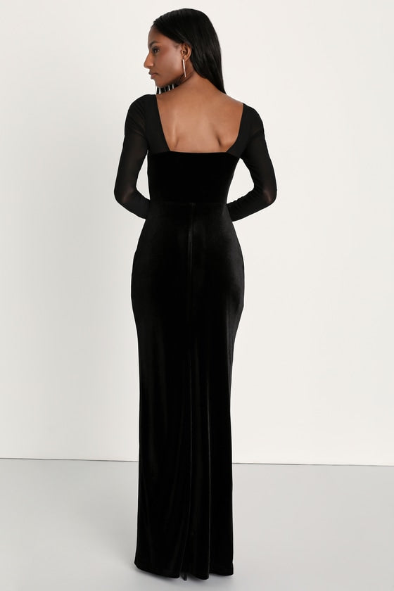 Certifiably Chic Black Velvet Mesh Long Sleeve Maxi Dress