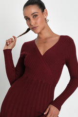 Cozy Inspiration Burgundy Ribbed Skater Midi Sweater Dress