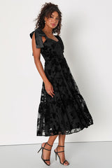 Sweet Essence Black Floral Burnout Velvet Tie-Strap Midi Dress