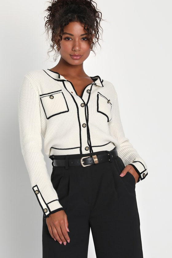 Impressively Iconic Ivory Waffle Knit Contrast Cardigan