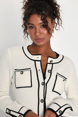 Impressively Iconic Ivory Waffle Knit Contrast Cardigan