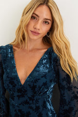 Stunning Stance Teal Blue Velvet Floral Long Sleeve Mini Dress