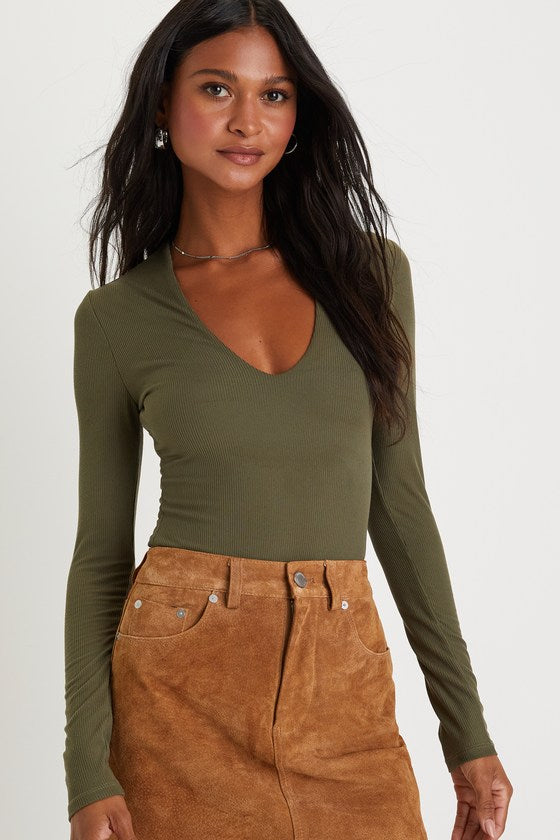 Obviously Perfect Olive Green Ribbed V-Neck Bodysuit