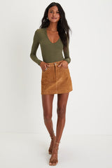 Obviously Perfect Olive Green Ribbed V-Neck Bodysuit
