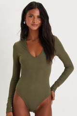 Obviously Perfect Olive Green Ribbed V-Neck Bodysuit