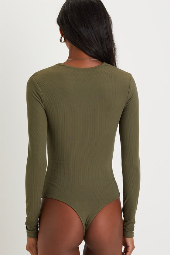 Obviously Perfect Olive Green Ribbed V-Neck Bodysuit